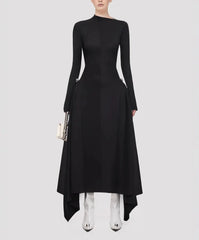 high-neck asymmetric hem midi dress – Rovnah