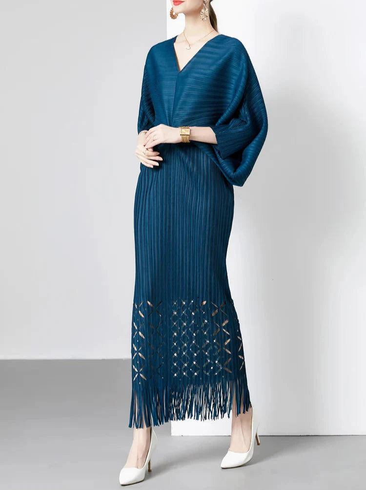 pleated batwing midi dress with fringe hem - SORALA