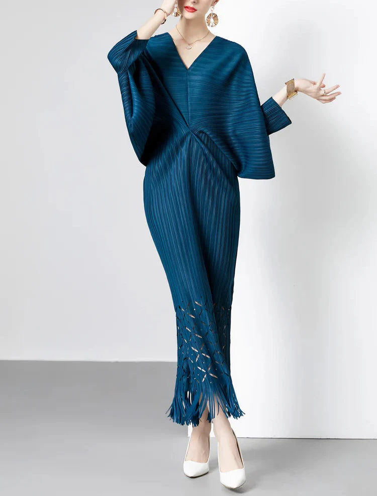 pleated batwing midi dress with fringe hem - SORALA