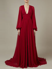 deep V-neck chiffon gown with bishop sleeves – Tessi