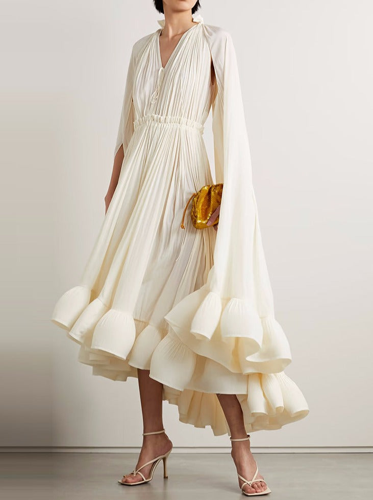 pleated cape-sleeve midi dress with ruffle hem – Aanjkvc