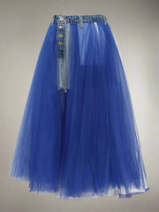 denim waistband tulle maxi skirt - Abrihm