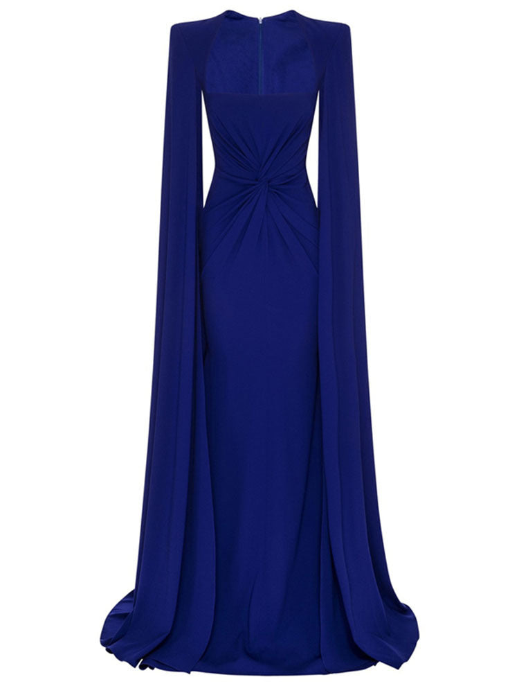 square-neck gown with ruched waist and floor-length cape – Thuraya