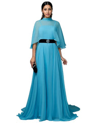 Chiffon gown with cape overlay and velvet belt – Zorica