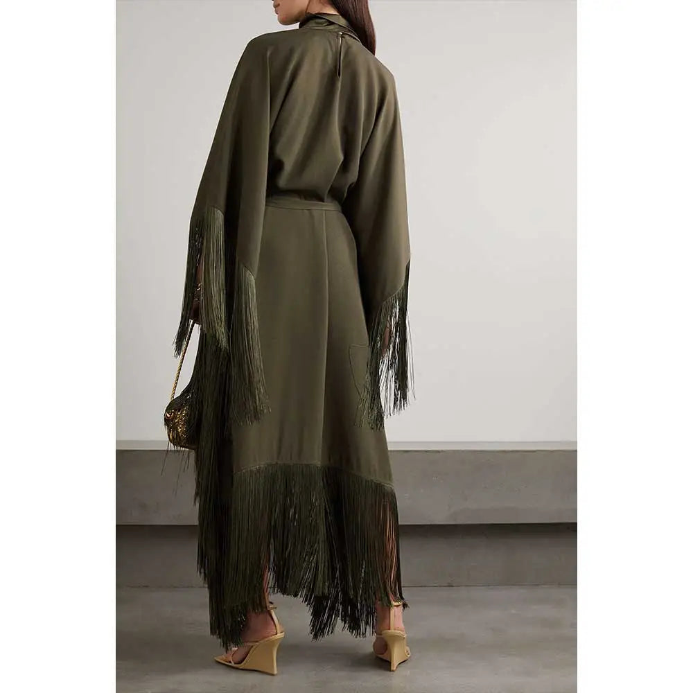 fringed kaftan gown with tie-neck – Sushali