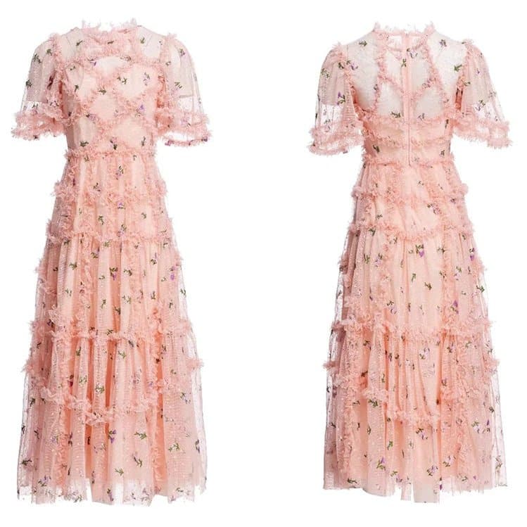 tiered ruffle tulle dress with floral embroidery – CharliP