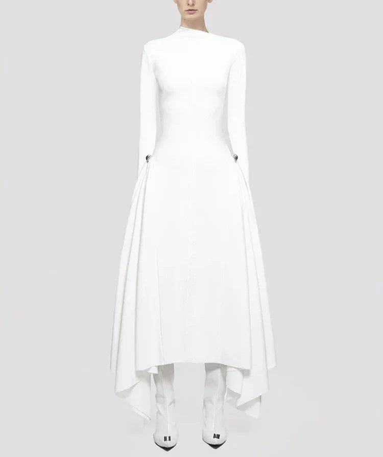high-neck asymmetric hem midi dress – Rovnah
