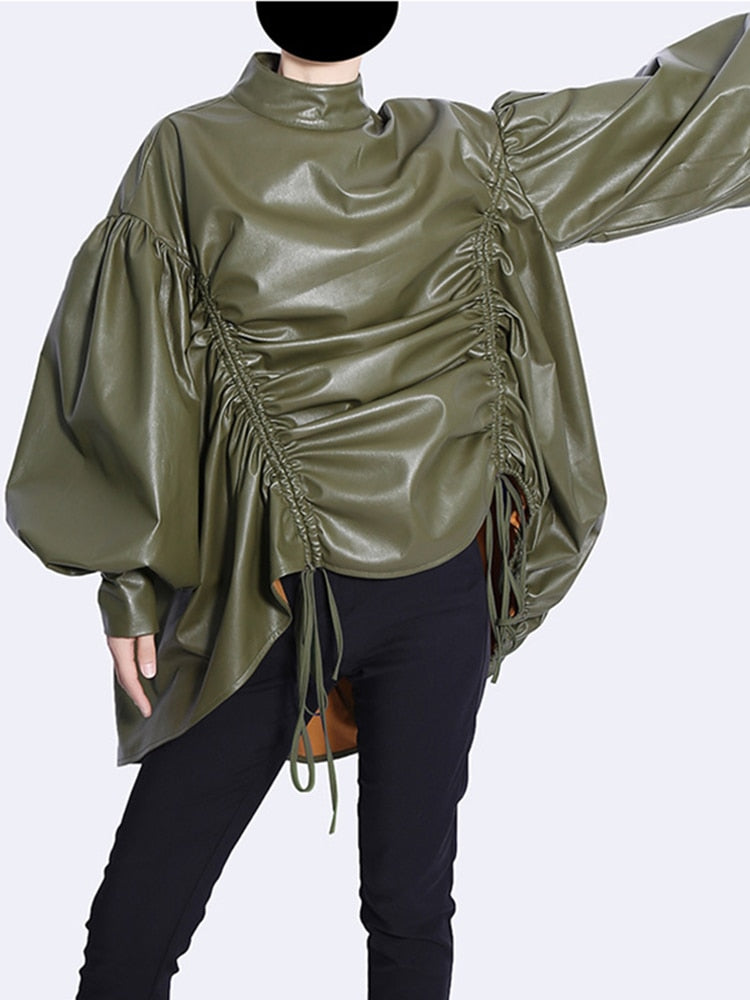 faux leather blouse with ruched sides and balloon sleeves - Addalyn