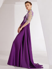 embroidered evening gown with sequin illusion sleeve –  Thumri