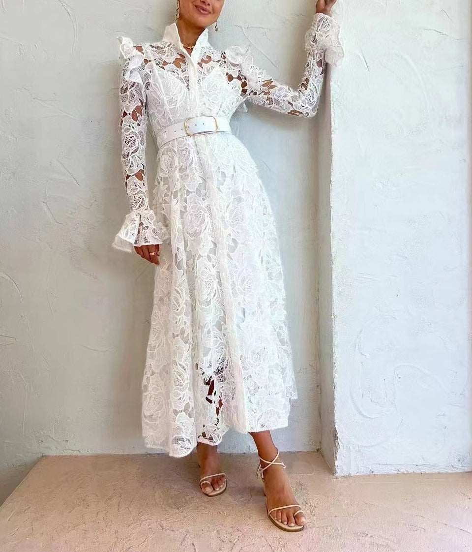 long-sleeve lace midi dress with belt – Tesoro