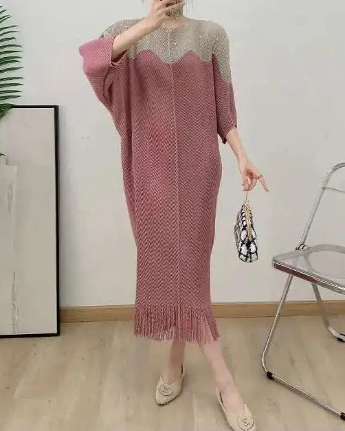relaxed batwing dress with fringe hem - AMINZA