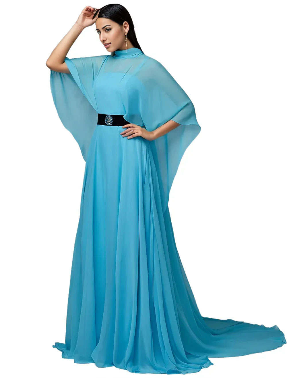 Chiffon gown with cape overlay and velvet belt – Zorica