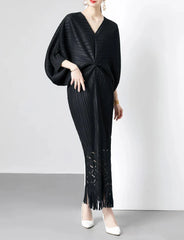 pleated batwing midi dress with fringe hem - SORALA