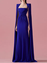 square-neck gown with ruched waist and floor-length cape – Thuraya