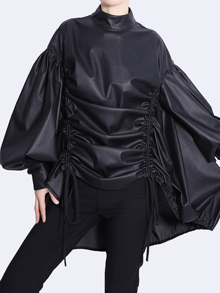 faux leather blouse with ruched sides and balloon sleeves - Addalyn