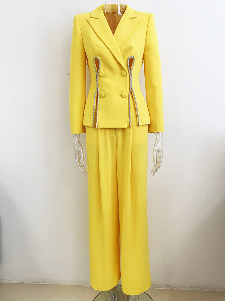 double-breasted tailored pantsuit with crystal trim - Cathy