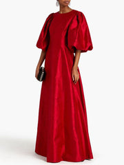 puff-sleeve satin gown in crimson – Tiarna