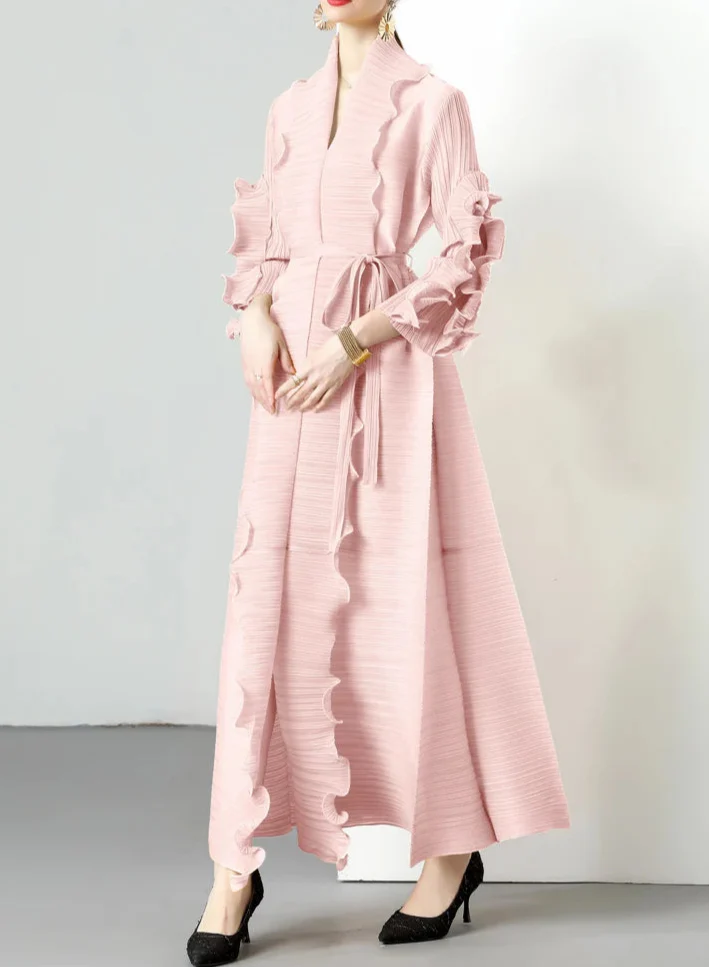 textured open-front dress with sculpted ruffle trim - LAYTA