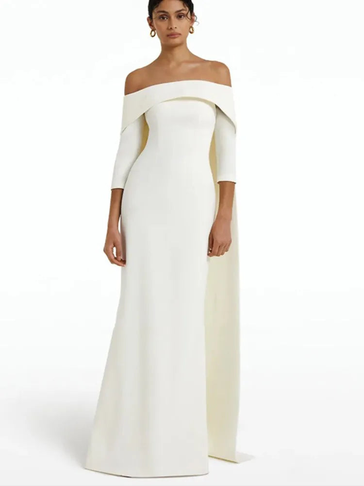 off-shoulder column gown with cape-back – Tessara