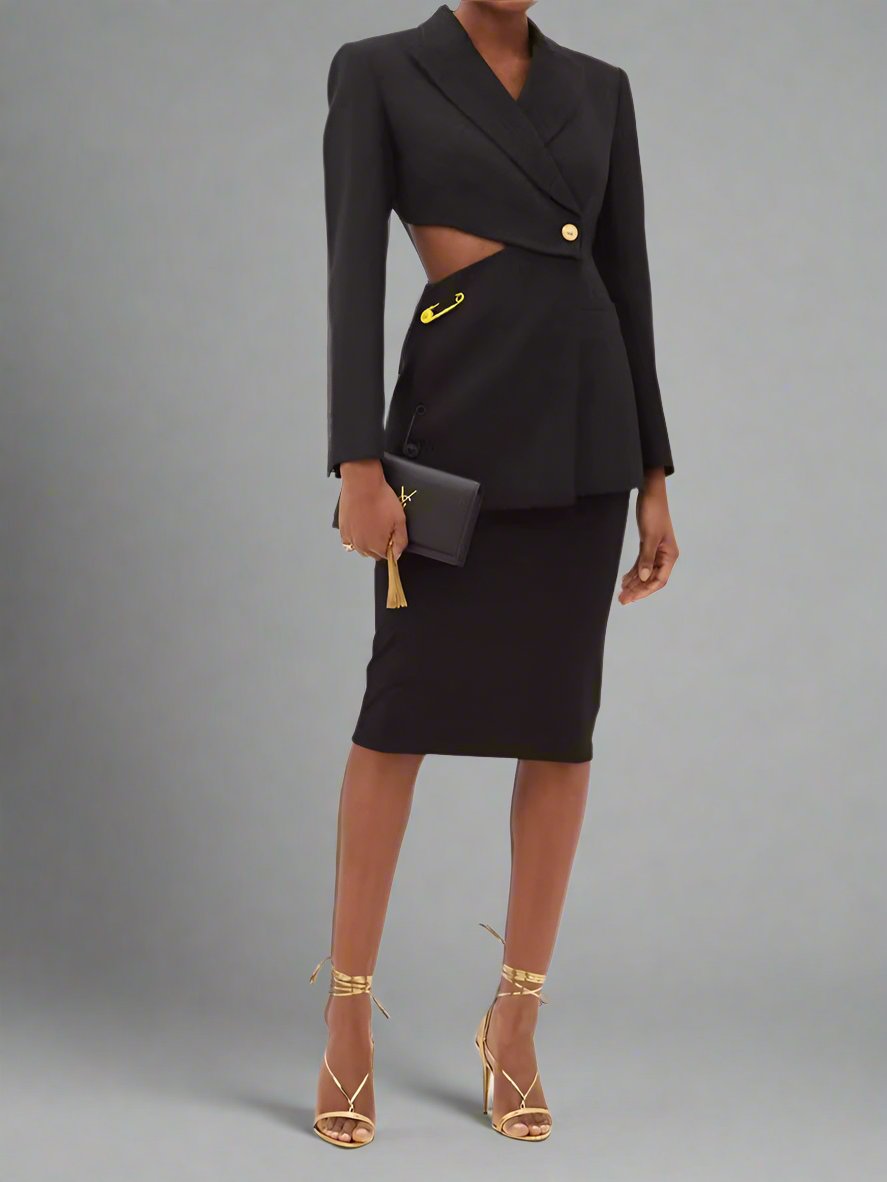 asymmetrical tailored blazer dress with pin detail - Abheera