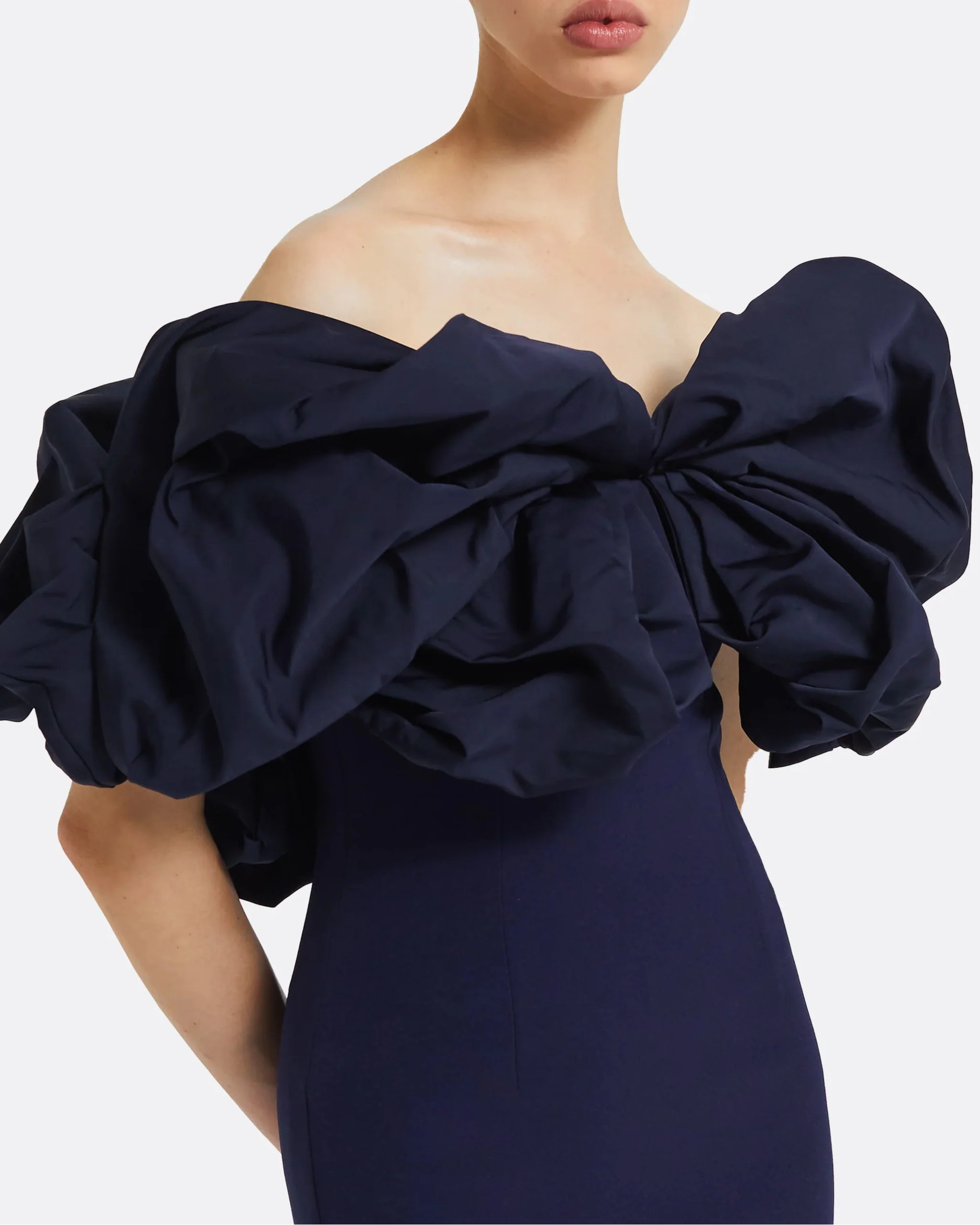 Off-shoulder column dress with statement ruffle - AZURITE