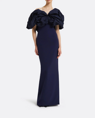 Off-shoulder column dress with statement ruffle - AZURITE