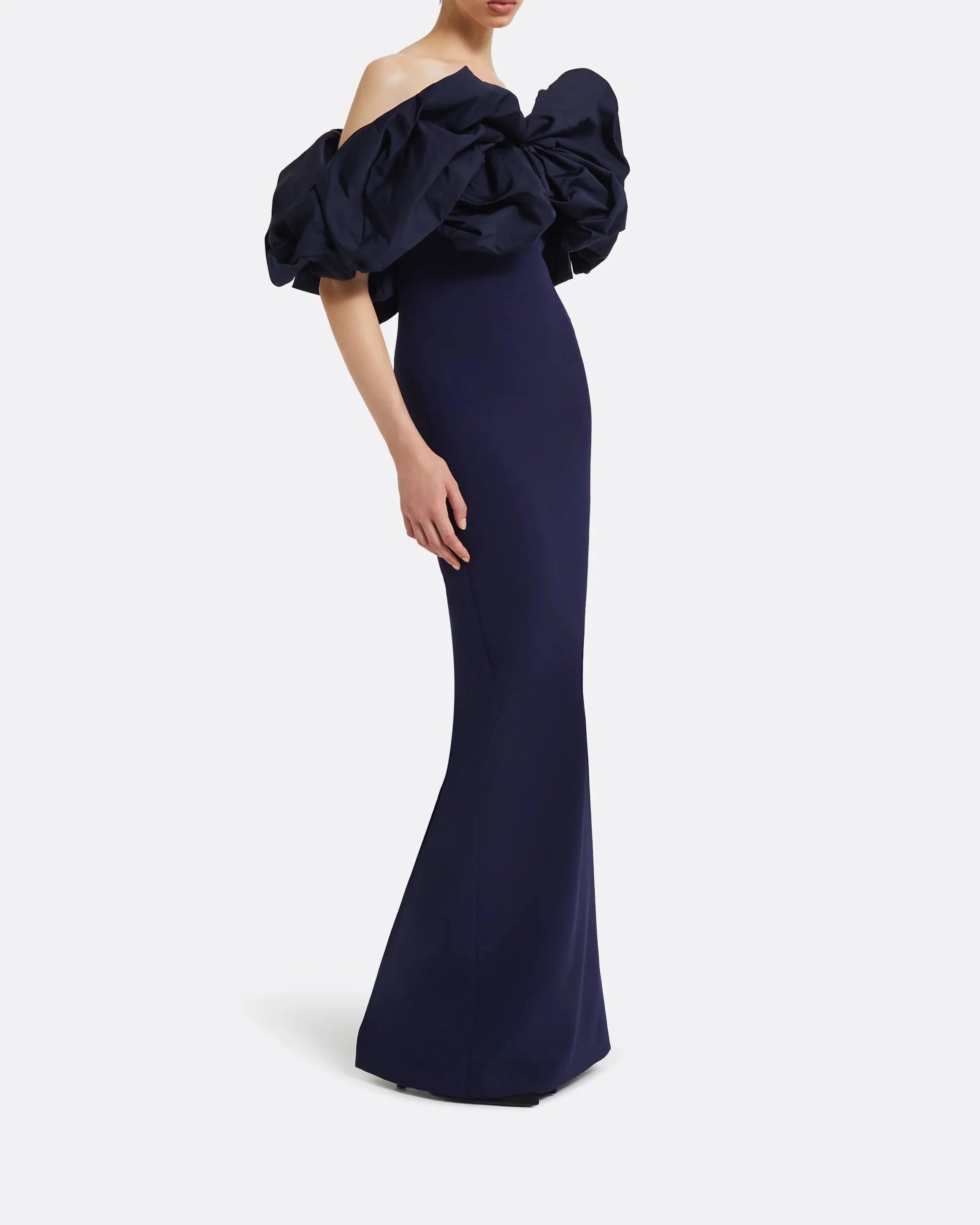 Off-shoulder column dress with statement ruffle - AZURITE
