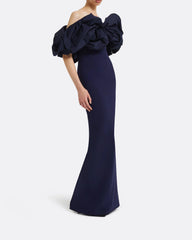 Off-shoulder column dress with statement ruffle - AZURITE