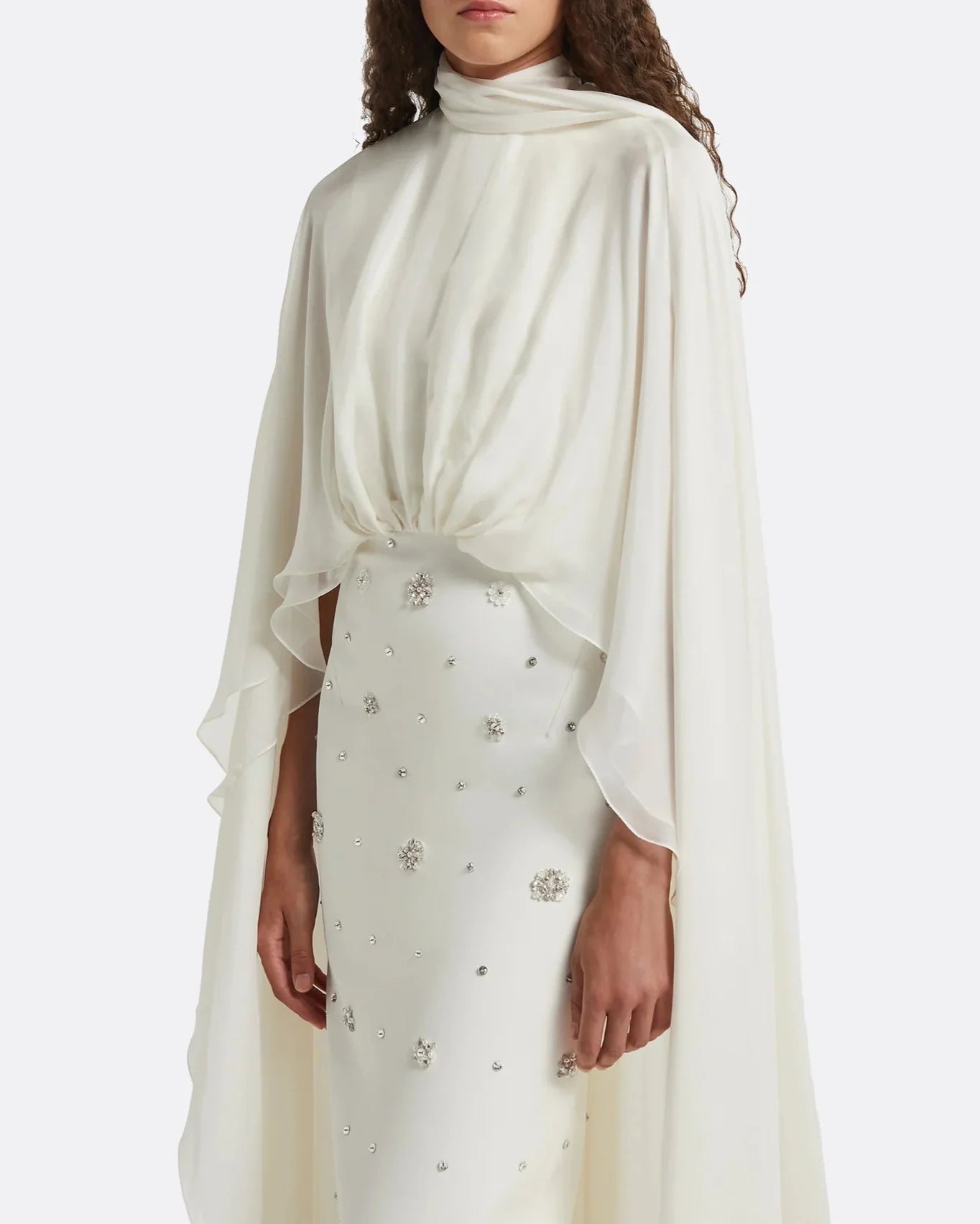 High-neck embellished column dress with layered cape - Mia