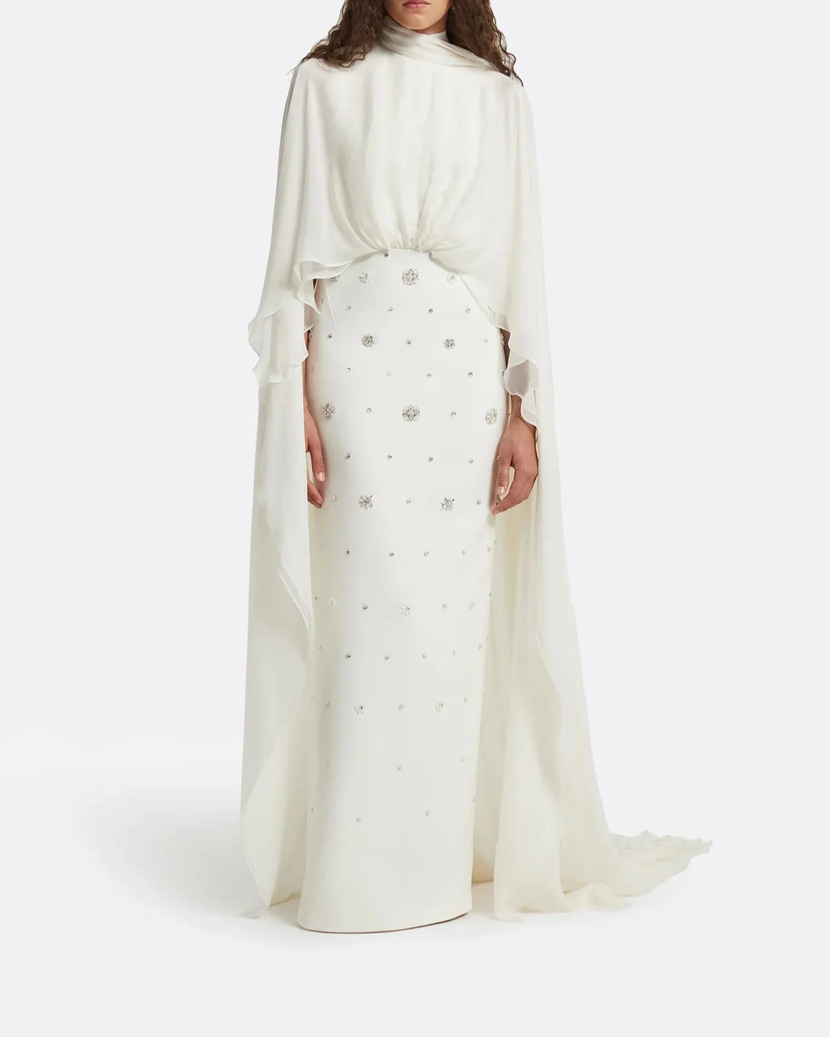 High-neck embellished column dress with layered cape - Mia