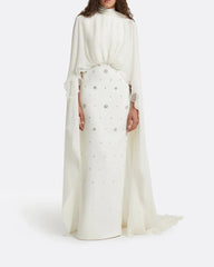 High-neck embellished column dress with layered cape - Mia