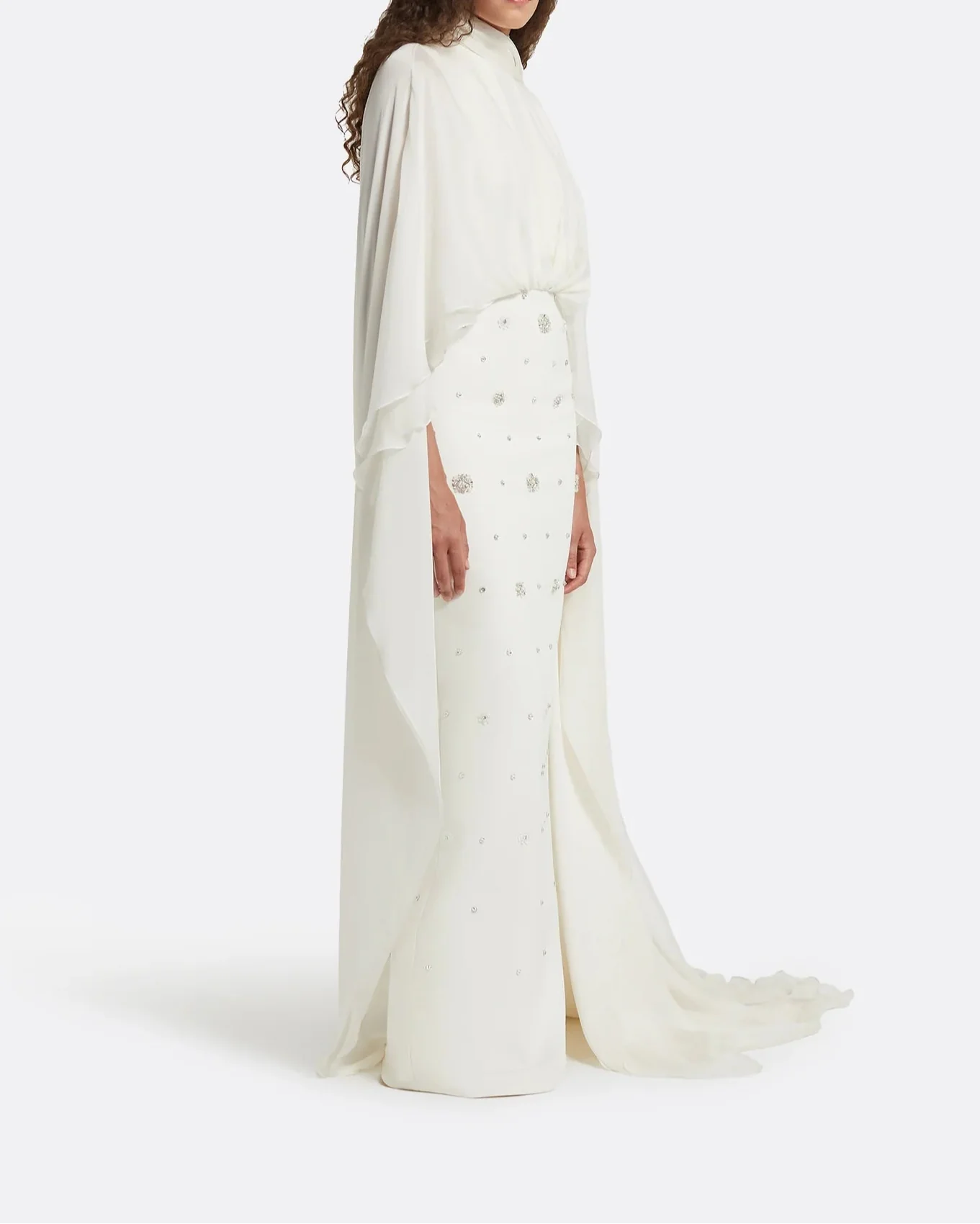 High-neck embellished column dress with layered cape - Mia