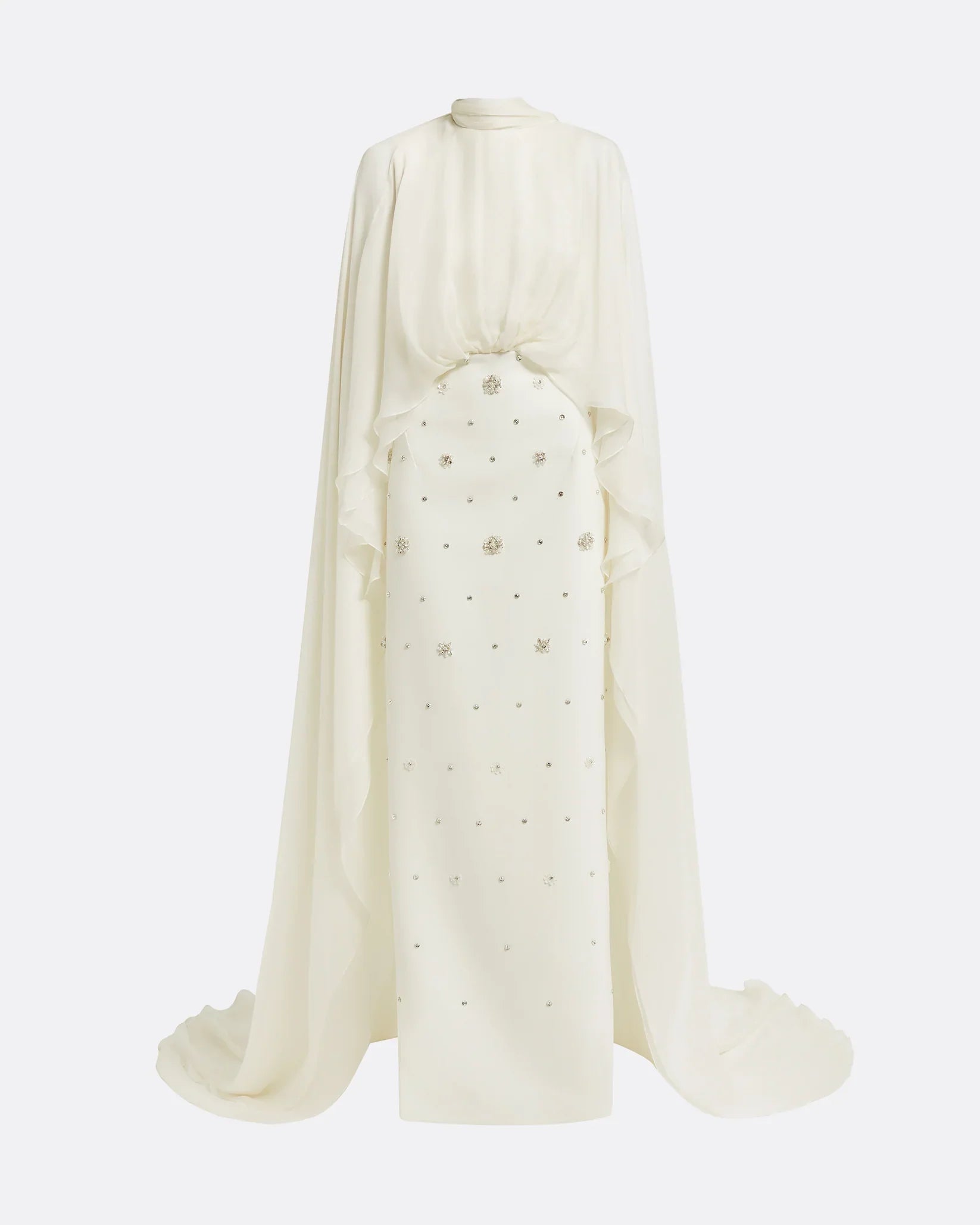 High-neck embellished column dress with layered cape - Mia