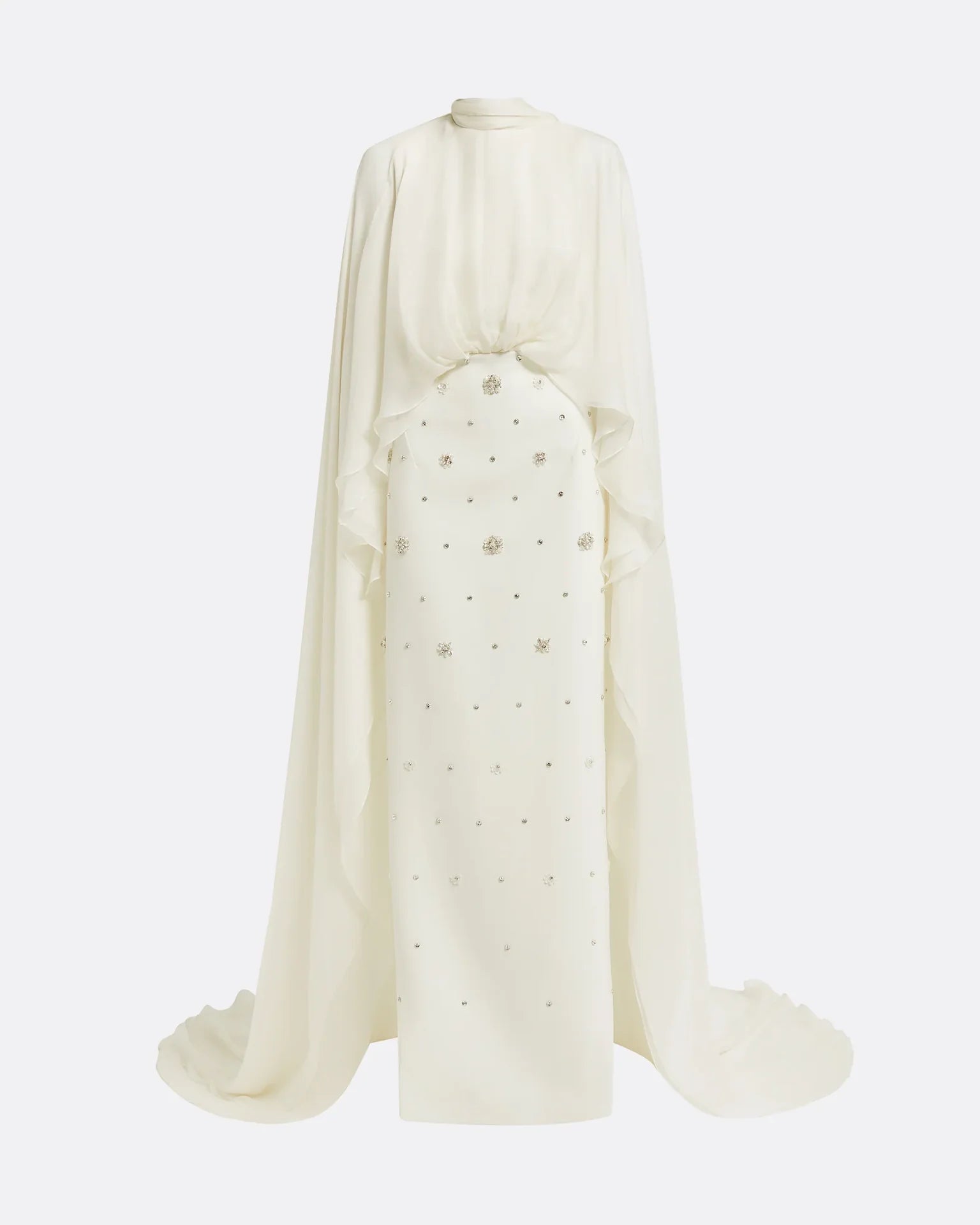 High-neck embellished column dress with layered cape - Mia