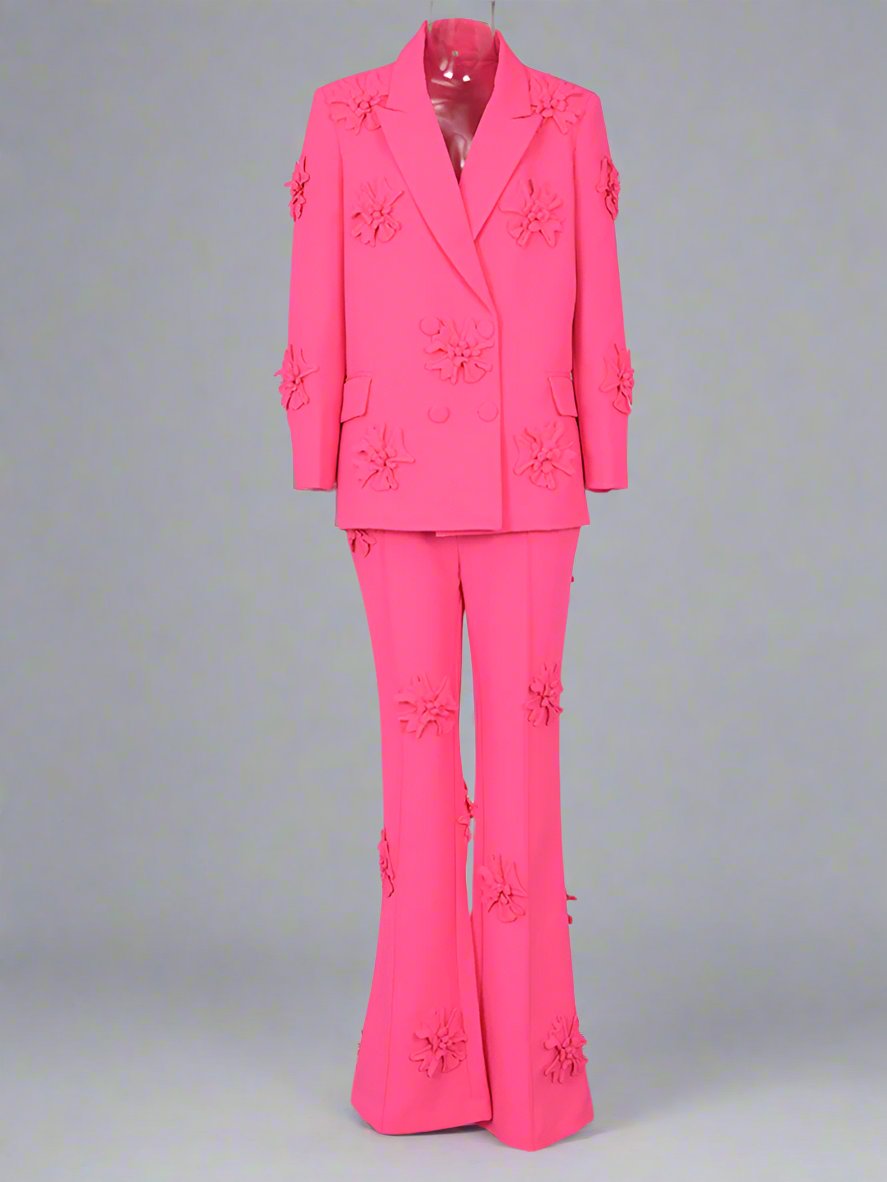 floral applique double-breasted blazer and flared pants set - GHOOTER