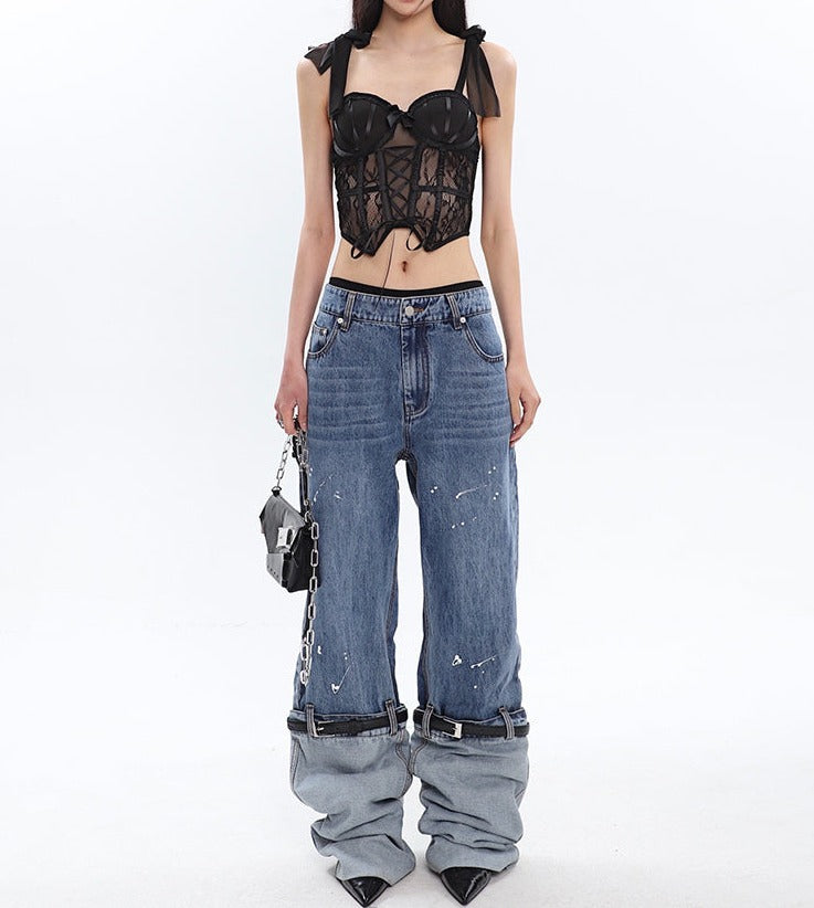 paint splatter wide-leg jeans with layered cuff detail - Aanada