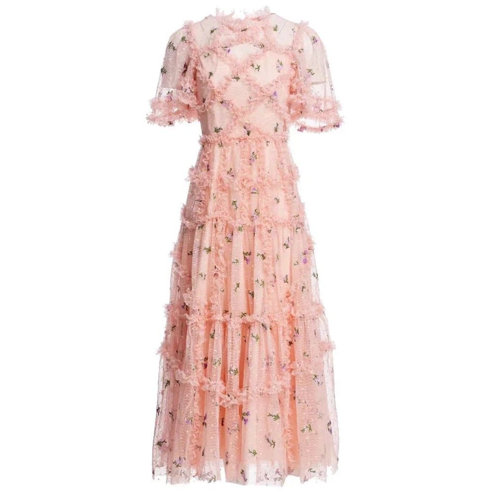 tiered ruffle tulle dress with floral embroidery – CharliP