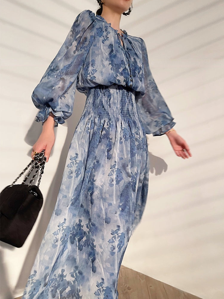 floral print chiffon maxi dress with smocked waist – ESALA