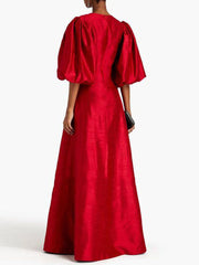 puff-sleeve satin gown in crimson – Tiarna