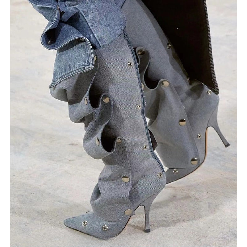 ruffled knee-high boots with metallic snap accents - Eenakshi