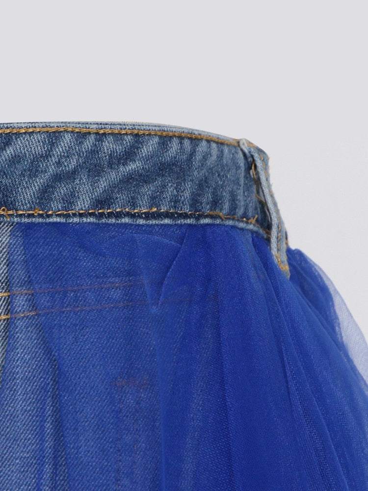 denim waistband tulle maxi skirt - Abrihm