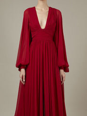 deep V-neck chiffon gown with bishop sleeves – Tessi