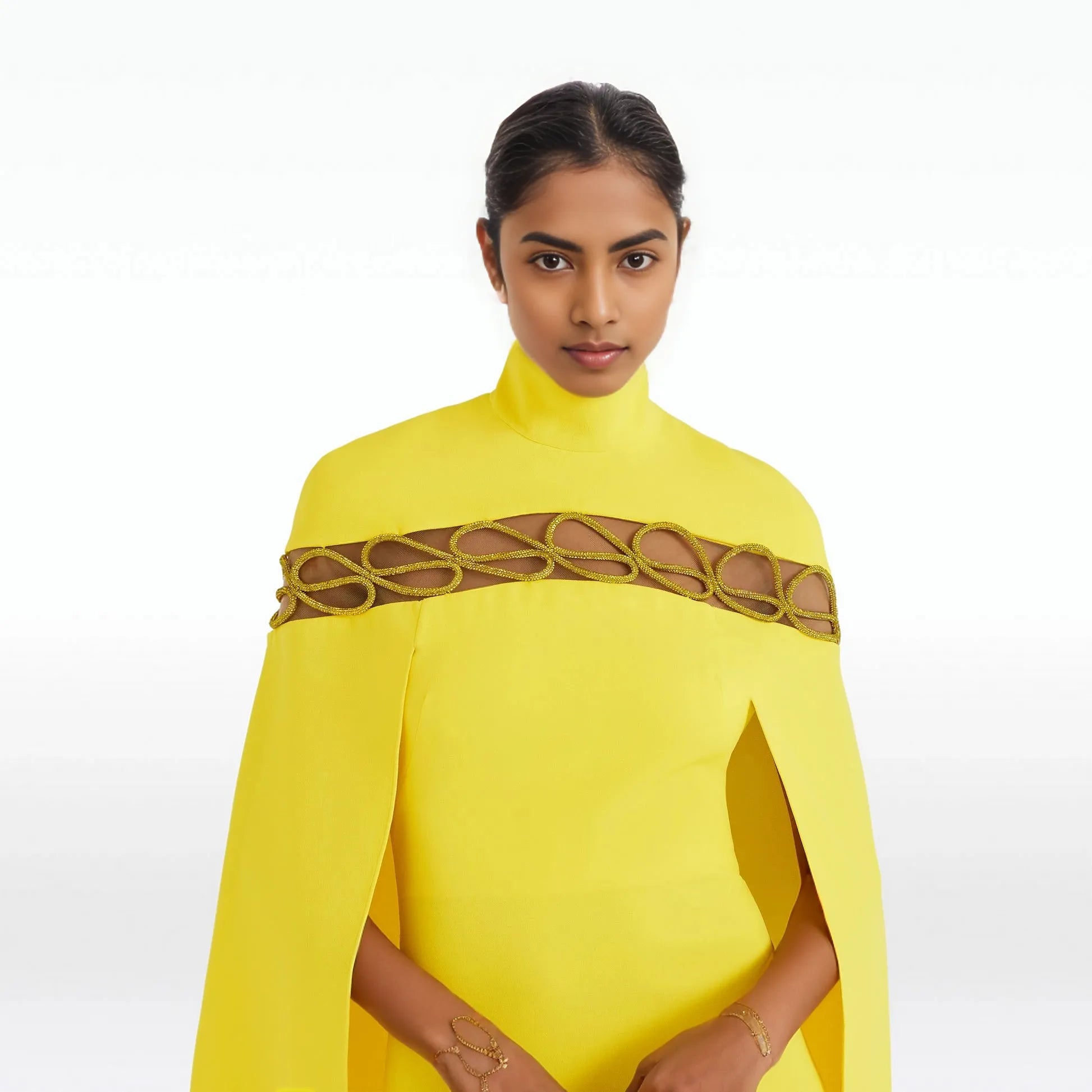 High-neck cape gown with gold embroidery – Jordena