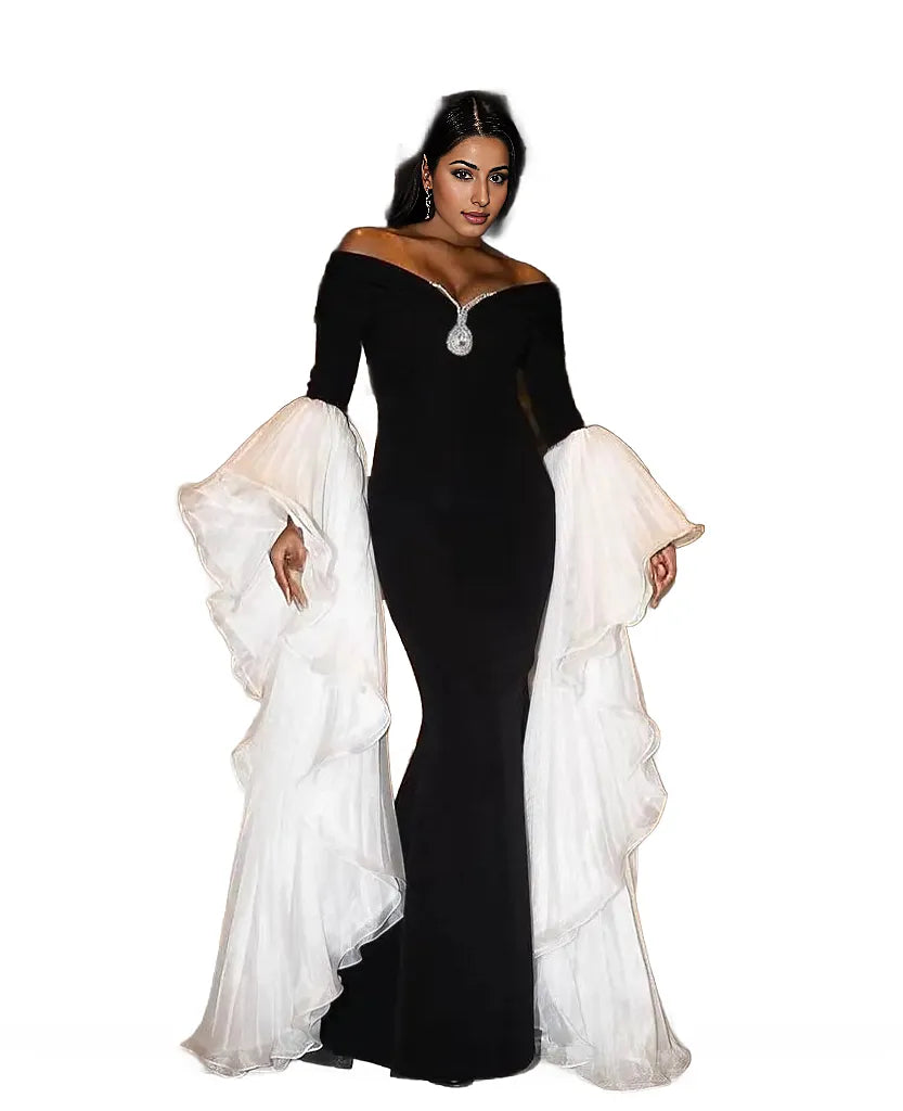 off-shoulder mermaid gown with dramatic pleated sleeves – Sherrey