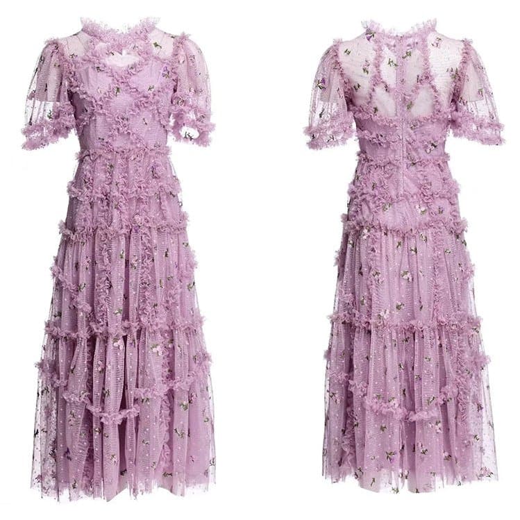 tiered ruffle tulle dress with floral embroidery – CharliP