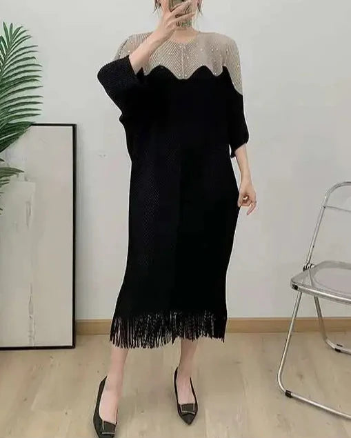 relaxed batwing dress with fringe hem - AMINZA