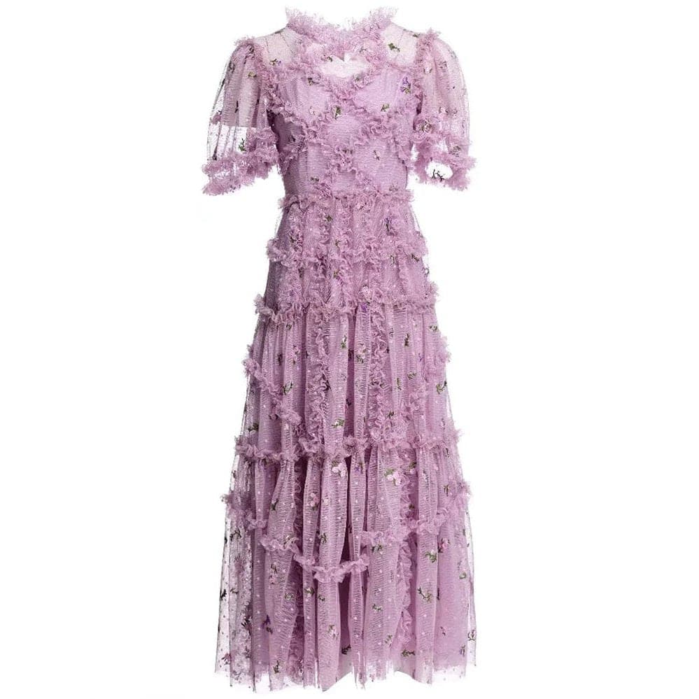 tiered ruffle tulle dress with floral embroidery – CharliP