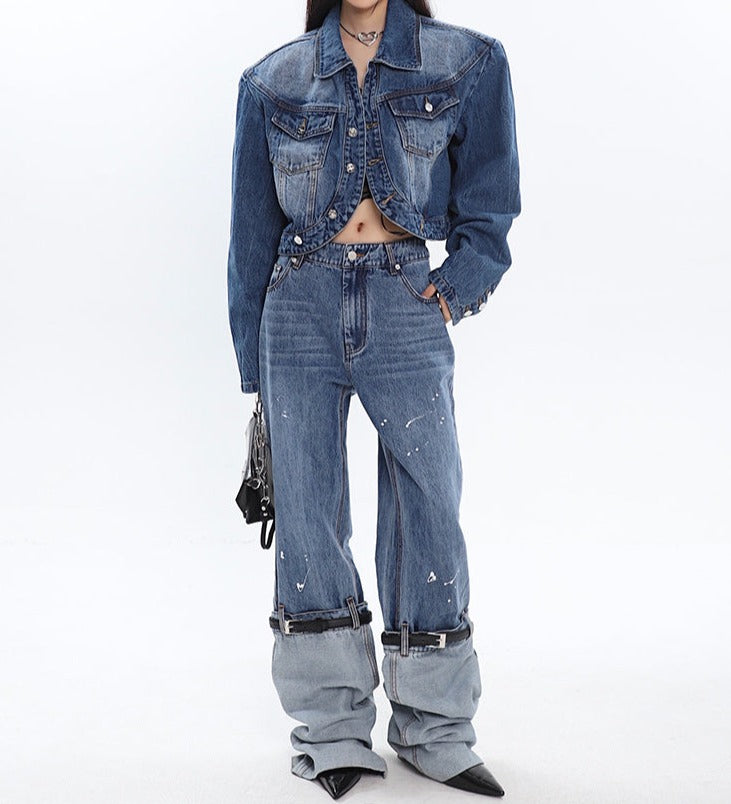 paint splatter wide-leg jeans with layered cuff detail - Aanada