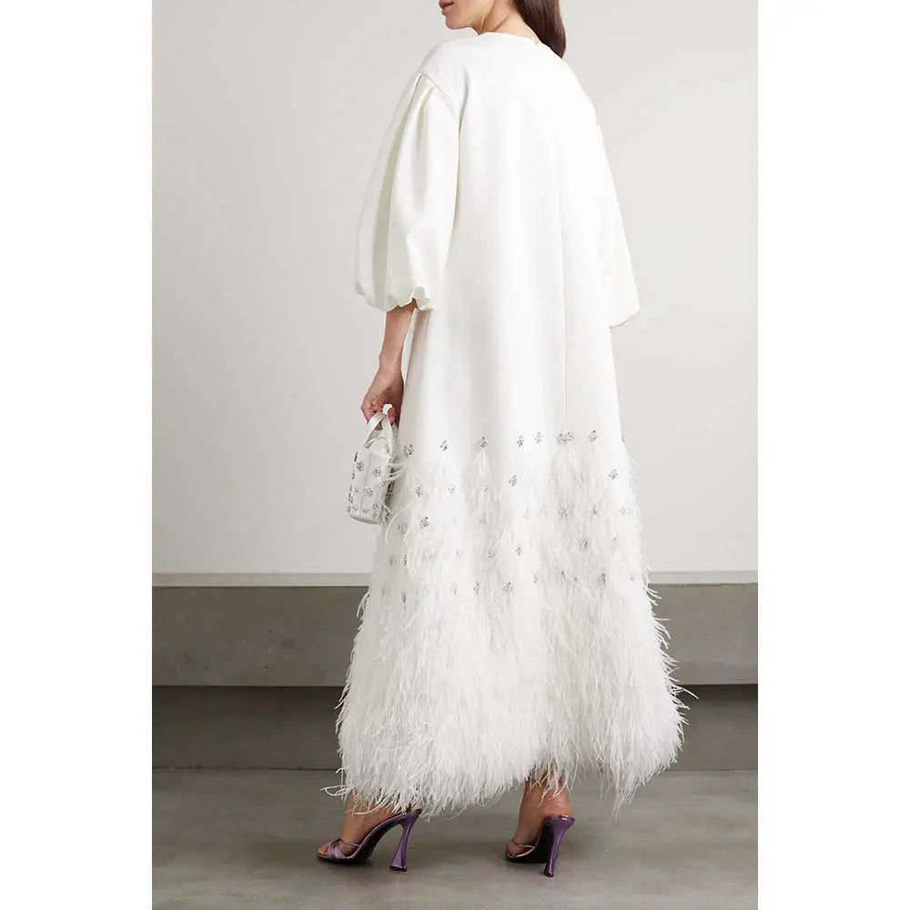 feather-trim embellished gown in ivory – Suzynne