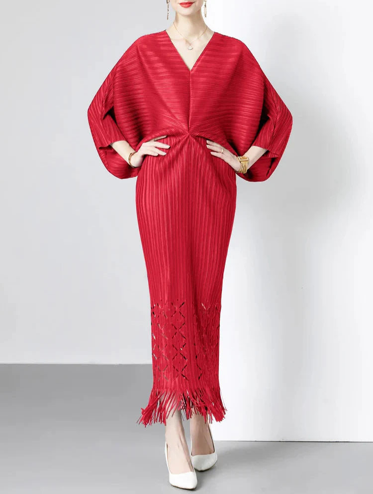 pleated batwing midi dress with fringe hem - SORALA